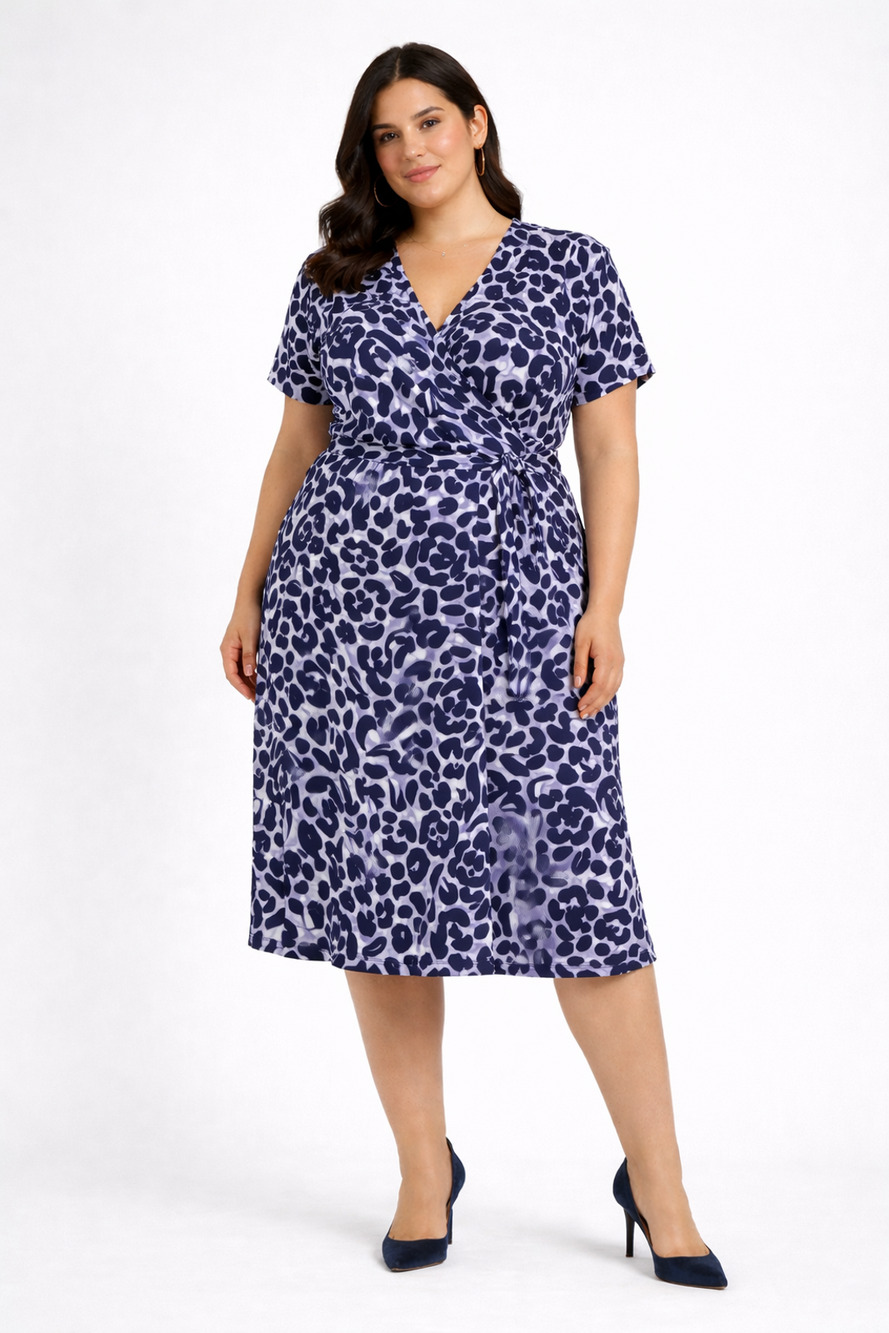 Leota Womens Jemima Faux Wrap Knit Dress V Neck Short Sleeve Size XXL Navy New